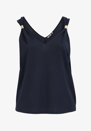 Haut sans manches bleu marine femme avec encolure en V et bretelles froncées maintenues par des accents métalliques dorés.