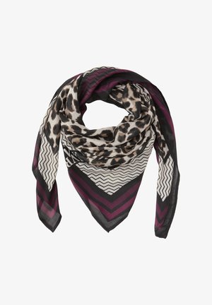 Trojúhelníkový šátek z lehkého materiálu s leopardím vzorem a cik-cak vzory v purpurové, černé a krémové barvě.