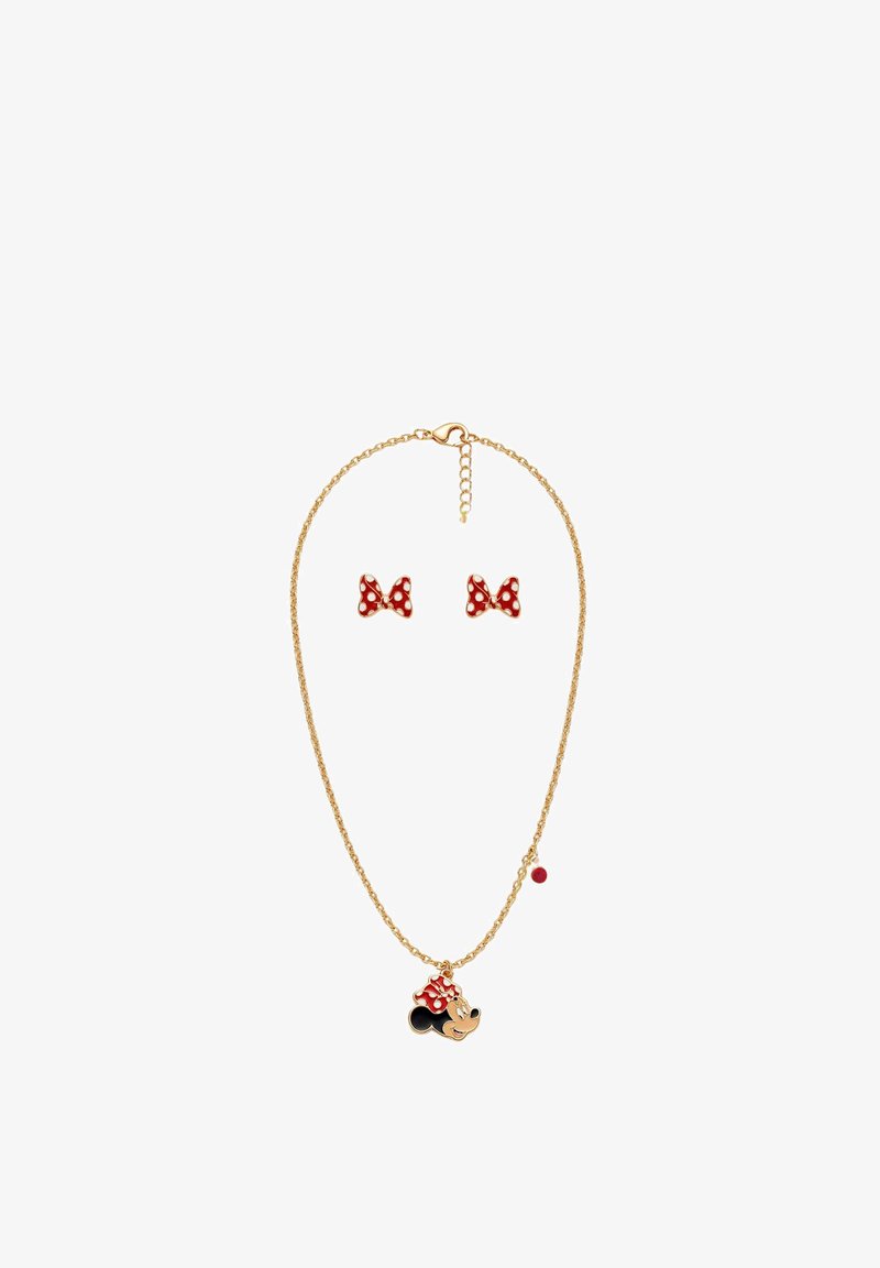 Collier chaîne en or avec pendentif Minnie Mouse et boucles d'oreilles nœud rouge à pois assorties sur fond blanc.