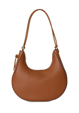 Hnědá křivková kabelka z texturované kůže s proplétaným ramenním popruhem a zapínáním na zip se zlatým kováním.