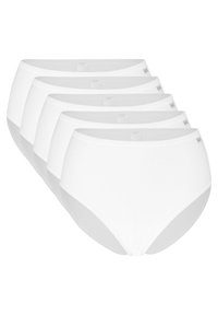 Weiße Baumwoll-Hochtaillenslips mit glatter Textur und elastischem Taillenbund, verkauft im Fünfer-Pack mit minimalistischen Design.