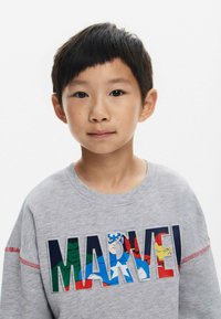 Harmaa huppari, jossa on värikäs "MARVEL"-graafikka supersankarihahmoista. Venykkäkaula ja punaiset ompeleet hihoissa.