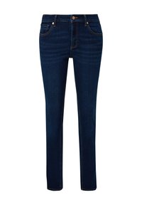 Jean en denim bleu foncé, comprenant cinq poches, une fermeture à bouton et des détails de couture subtils le long des coutures. Design ajusté.