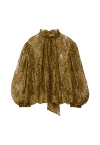 Olivgrüne Spitzenbluse mit hohem Kragen, langen Puffärmeln und Schleifendetail am Ausschnitt. Halbdurchsichtiger Stoff mit floralem Muster. Gewellter Saum.