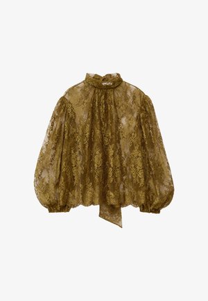 Olivgrüne Spitzenbluse mit hohem Kragen, langen Puffärmeln und Schleifendetail am Ausschnitt. Halbdurchsichtiger Stoff mit floralem Muster. Gewellter Saum.