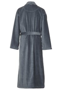 Grey, plush bathrobe with long sleeves, wide collar, belted waist, and knee-length cut. Soft texture, minimal visible seams, no patterns.