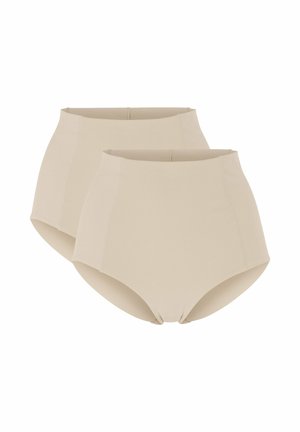 Zwei beige nahtlose Shapewear-Slips mit hohem Bund, überlappend auf weißem Hintergrund dargestellt.