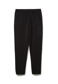 Schwarze Jogginghose aus weichem Stoff, mit elastischem Bund, Kordelzug, zwei Seitentaschen und einer Cargo-Tasche am rechten Bein.