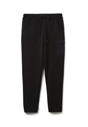 Schwarze Jogginghose aus weichem Stoff, mit elastischem Bund, Kordelzug, zwei Seitentaschen und einer Cargo-Tasche am rechten Bein.
