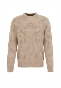 Beige kötött pulóver, texturált hullámmintával, kerek nyakkivágással, bordás mandzsettákkal és szegéllyel. Puha, közepesen nehéz anyagból készült.