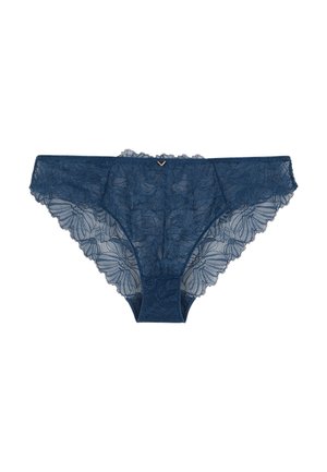 Sous-vêtements bikini en dentelle bleu profond, ornés de motifs floraux, avec des bords festonnés et une taille solidaire. Petit logo doré au centre devant.
