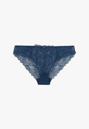 Sous-vêtements bikini en dentelle bleu profond, ornés de motifs floraux, avec des bords festonnés et une taille solidaire. Petit logo doré au centre devant.