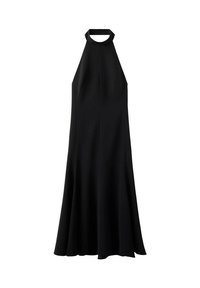 Crna bezrukava haljina s visokim izrezom, raširenim suknjom i glatkim materijalom. Ima čiste linije i opuštenu siluetu.