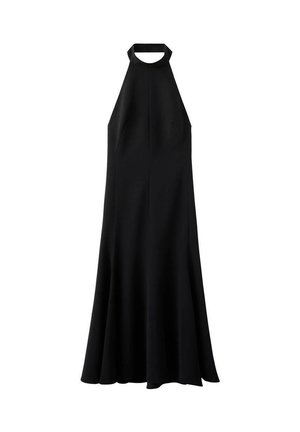 Robe noire sans manches avec un col haut, jupe évasée et tissu lisse. Présente des lignes épurées et une silhouette décontractée.