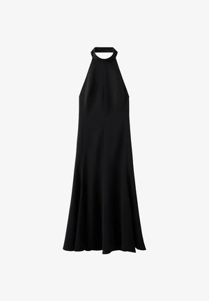 Abito senza maniche di colore nero con scollatura alta, gonna svasata e tessuto morbido. Presenta linee pulite e una silhouette rilassata.