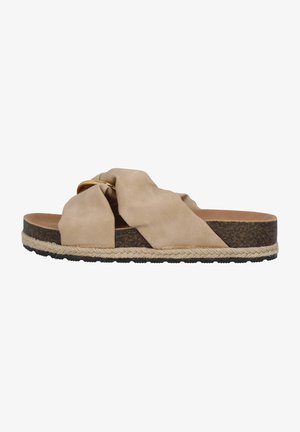 Sandalo scivoloso in suède beige con ampie cinghie attorcigliate, anello decorativo dorato, suola in sughero strutturato e rifinitura in juta intrecciata.