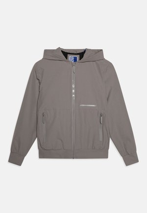 Helehall kapuutsiga jakk, millel on tõmblukuga esipaneel, kaks küljetaskut ja reflekteeriv riba rinna üle; valmistatud siledast, kergest kangast.