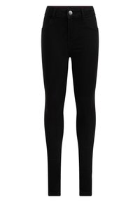 Černé úzké džíny vyrobené z denimu s vysokým pasem, pěti kapsami, kovovým knoflíkem a hladkým povrchem.