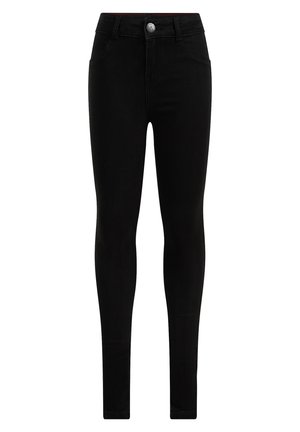 Schwarze Skinny-Jeans aus Denim mit hoher Taille, fünf Taschen, einem Metallknopfverschluss und einer glatten Textur.