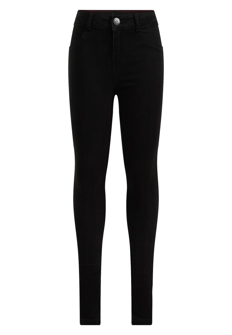 Černé úzké džíny vyrobené z denimu s vysokým pasem, pěti kapsami, kovovým knoflíkem a hladkým povrchem.
