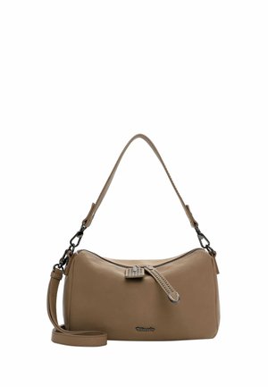Tan leather handbag with a curved shape, zip closure, and adjustable strap. Features a simple logo and subtle stitching details.