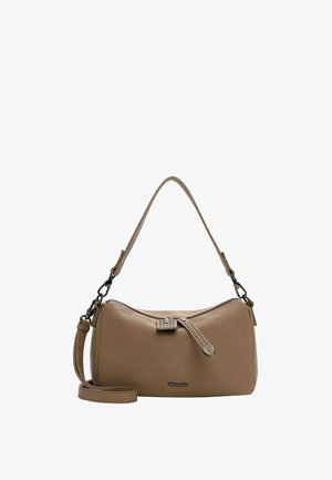 Skórzana torebka w kolorze tan, o zaokrąglonym kształcie, z zamknięciem na zamek i regulowanym paskiem. Posiada prostą grafikę logo i subtelne detale szycia.