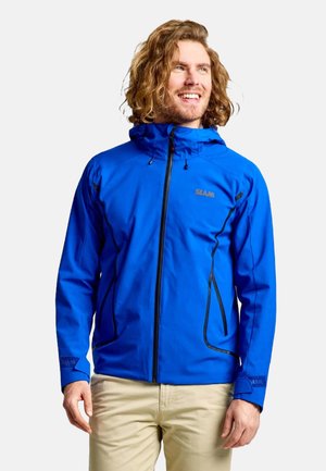 Blauer wasserdichter Jacke mit Kapuze, Frontreißverschluss, schwarzen Akzenten und strukturiertem Stoff. Enthält Taschen und verstellbare Manschetten für mehr Komfort.
