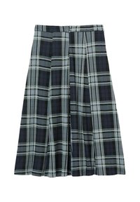 Rutet nederdel i marineblå, grå og grøn med plisseringer. Har en talje og usynlig lynlås. Lavet af et struktureret, vævet stof.