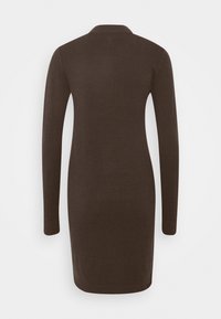 Robe marron à manches longues avec une texture lisse, une silhouette ajustée et un col rond. Pas de motifs visibles ni de détails en matériel.