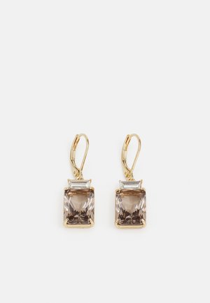 Gold-tone earrings with rectangular brown stones and small clear accents. Features a leverback closure for secure wear.