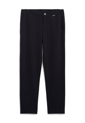 Schwarze Sporthose mit glatter Textur, elastischem Bund, vorderem Knopf und Seitentaschen. Entwickelt für Komfort und Beweglichkeit.