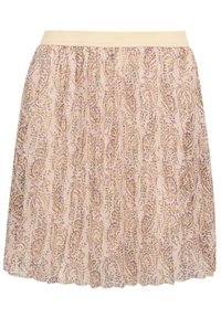 Lättviktsfållad kjol med en mjuk beige midja, som har ett lavendel- och grönt paisleymönster på en ljus bakgrund.