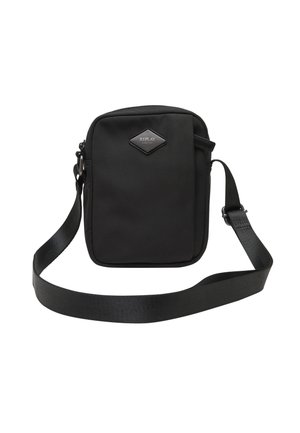 Lille sort crossbody taske med justerbar rem og Replay-logo på frontlommen, lavet af glat stof.