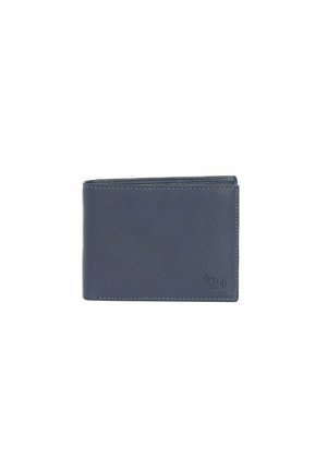 Portafoglio bifold in pelle blu scuro con un logo impresso in rilievo sobrio nell'angolo in basso a destra, mostrato chiuso su uno sfondo bianco.