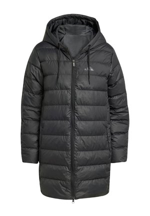 Schwarze, gesteppte, lange Steppjacke mit Kapuze, Frontreißverschluss und verstellbaren Zugbändern, entworfen für kaltes Wetter.