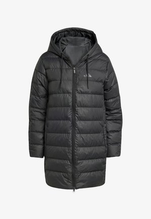 Black quilted long puffer jacket with hood, front zipper, and adjustable drawstrings, designed for cold weather.