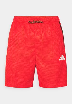 Red athletic shorts made of mesh material, featuring an elastic waistband with drawstring and a white logo accent on the lower left.