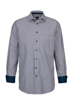 Camicia a righe blu e bianca con taschino, apertura con bottoni e polsini a contrasto blu scuro. Tessuto morbido, maniche lunghe, design del collo classico.