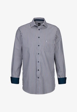 Gestreiftes Hemd in Blau und Weiß mit einer Tasche, Knopfverschluss und kontrastierenden dunkelblauen Manschetten. Glattes Material, lange Ärmel, klassisches Kragen-design.