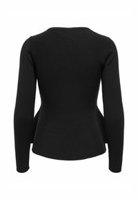 Musta pitkähihaisen yläosan, jossa on teksturoitu kangas, pyöreä kaula-aukko ja tyköistuva lantiolle levenevä peplum-malli. Takakuvassa.