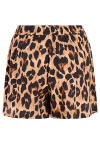 Korte broek met elastische taille en een bruin-zwart luipaardprintpatroon op een losse, lichte stof.