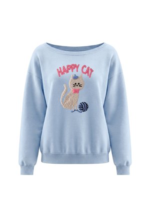 Lyseblå sweatshirt med en beige kat, der bærer en blå hat og lyserød butterfly, ved siden af en garnnøgle, og ordene "HAPPY CAT" i pink ovenover.