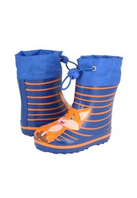 Bottes de pluie en caoutchouc bleu avec des rayures orange, ornées d'un design de renard en dessin animé sur le bout et d'une partie supérieure à cordon de serrage pour un ajustement réglable.