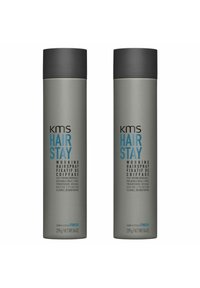 Two grey aerosol cans labeled "KMS HAIR STAY" featuring blue text. Each contains 239 g of working hairspray with clear, modern design.