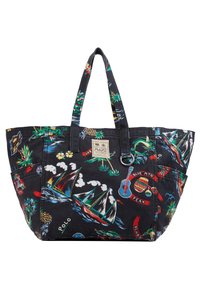 Černá látková taška přes rameno s barevnými tropickými a námořními vzory, se dvěma pevnými uchy a malým logem na boku.