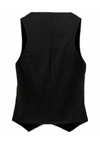 Gilet noir sans manches ajusté avec une couture au dos et un ourlet pointu, présenté de dos sur fond blanc.