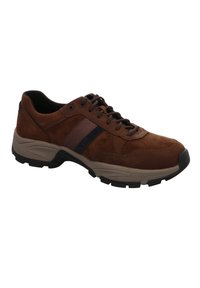 Braune Wildleder-Sneaker mit einem schwarz-braunen gestreiften Akzent. Verfügt über eine robuste Gummisohle und ein rundes Zehendesign. Schnürverschluss.