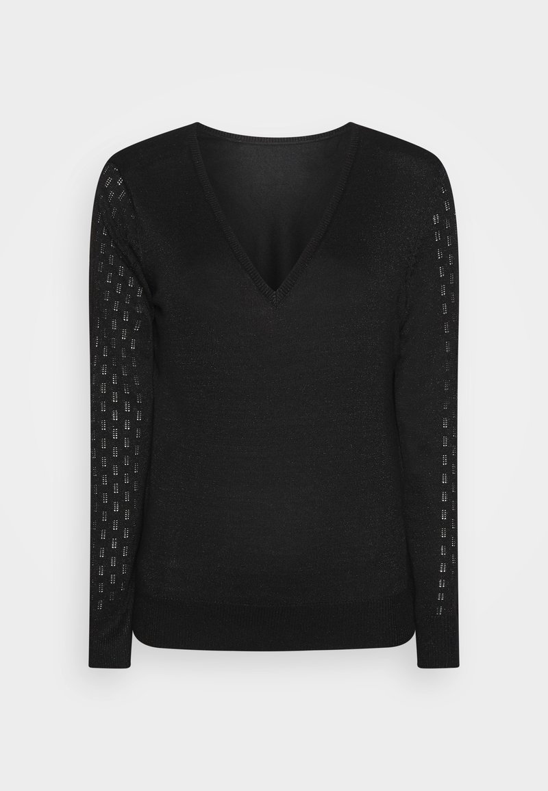 Svart v-ringad tröja med lång ärm som har ett mönster längs armarna och en figurnära nederkant. Mjuk tyg med en lätt glans.