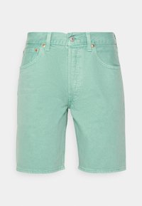 Shorts de denimm verde menta con diseño clásico de cinco bolsillos, remaches de cobre y cierre con botón en la parte superior. Textura suave y corte recto.