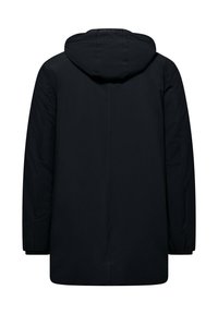 Giacca nera con cappuccio dal design pulito. Presenta una vestibilità dritta, cuciture frontali e polsini elasticizzati. Il materiale appare liscio e resistente.